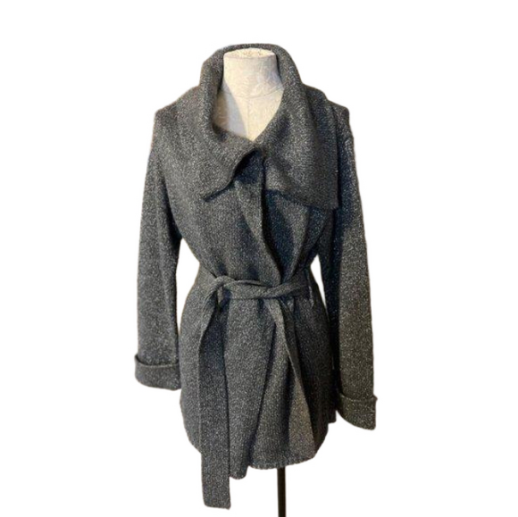 Talbots Collared Cardigan Sweater Jacket S Small Belt Black Silver Gray - Picture 1 of 9